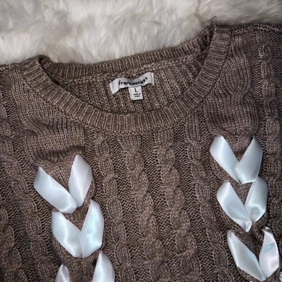 Francesca's Collections Taupe Sweater with Ribbon Accents - Picture 2 of 3